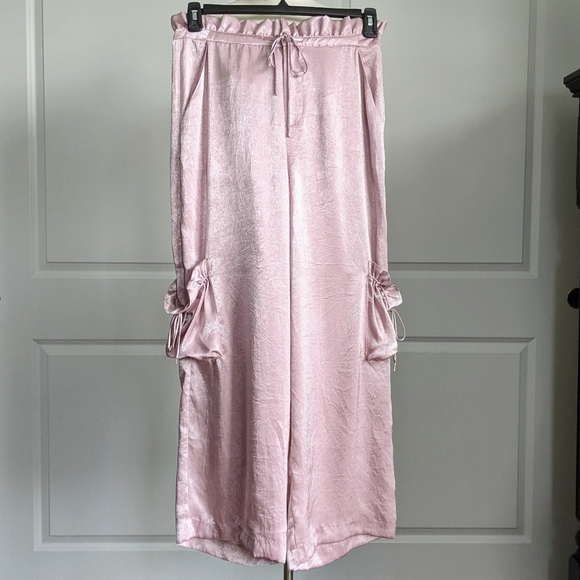 Jonathan Simkhai Intermix Pants Satin Lounge Wide Leg Crop Zip Fly Purple M NWT - Picture 2 of 15